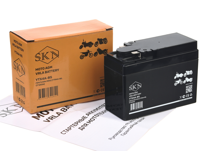 Аккумулятор стартерный для мототехники SKN YTX4A-BS (12V/2,5Ah/45A) [YTR4A-BS, CT 12026]
