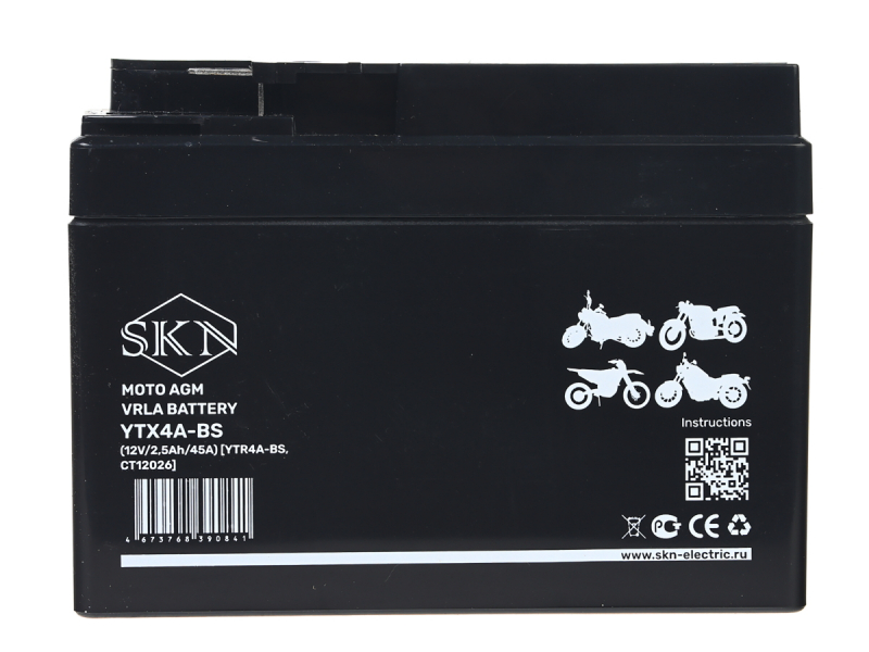 Аккумулятор стартерный для мототехники SKN YTX4A-BS (12V/2,5Ah/45A) [YTR4A-BS, CT 12026]