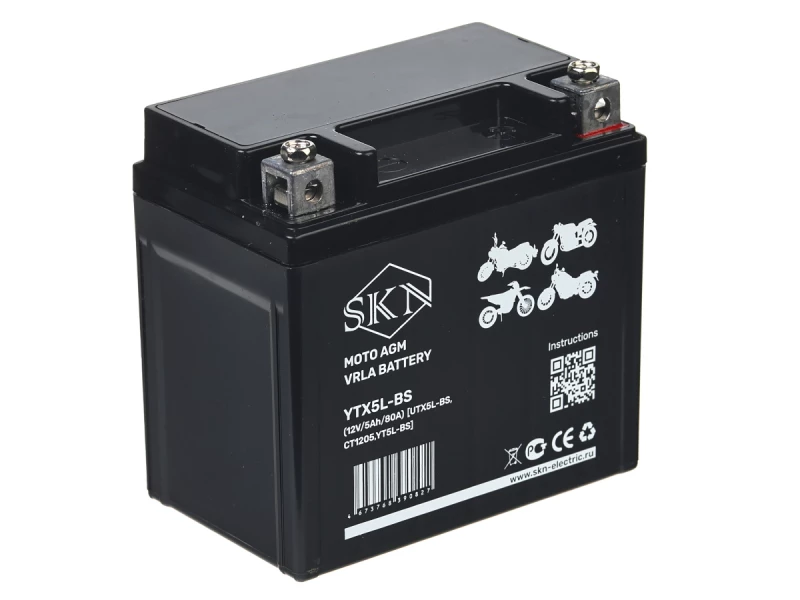 Аккумулятор стартерный для мототехники SKN YTX5L-BS (12V/5Ah/80A) [UTX5L-BS, CT1205, YT5L-BS]