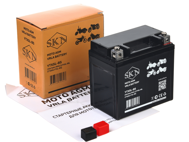 Аккумулятор стартерный для мототехники SKN YTX5L-BS (12V/5Ah/80A) [UTX5L-BS, CT1205, YT5L-BS]