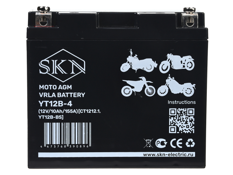 Аккумулятор стартерный для мототехники SKN YT12B-4 (12V/10Ah/155A) [CT 1212.1, YT12B-BS]