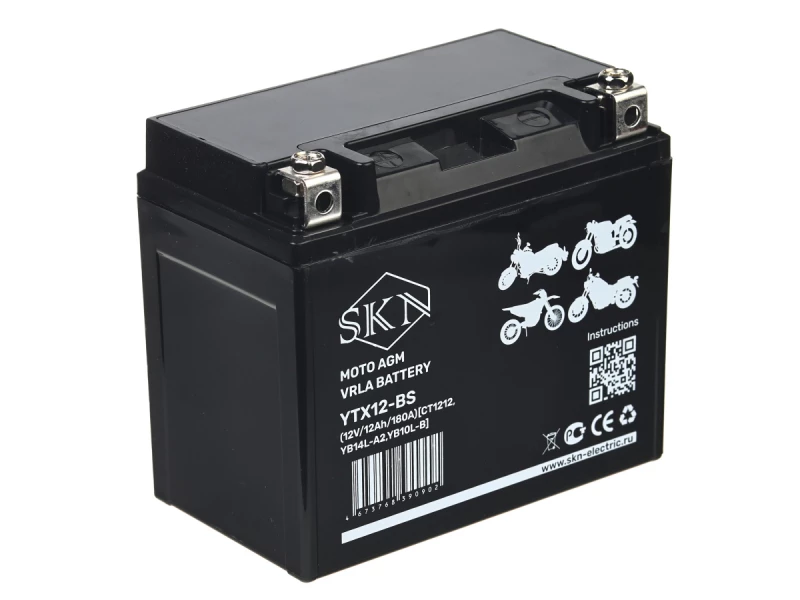 Аккумулятор стартерный для мототехники SKN YTX12-BS (12V/12Ah/180A) [CT 1212, YB14L-A2, YB10L-B]