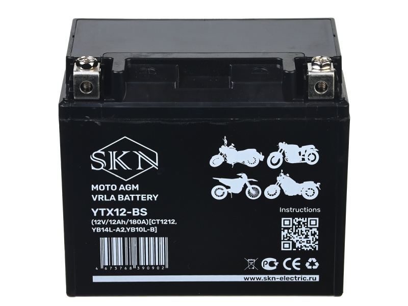 Аккумулятор стартерный для мототехники SKN YTX12-BS (12V/12Ah/180A) [CT 1212, YB14L-A2, YB10L-B]