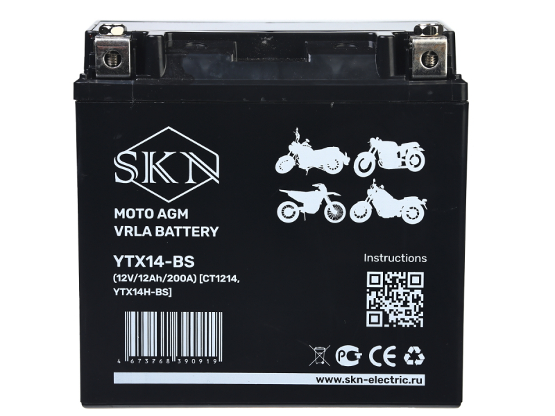 Аккумулятор стартерный для мототехники SKN YTX14-BS (12V/12Ah/200A ) [CT 1214,YTX14H-BS]