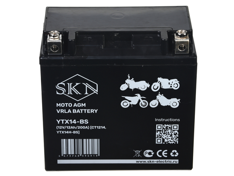 Аккумулятор стартерный для мототехники SKN YTX14-BS (12V/12Ah/200A ) [CT 1214,YTX14H-BS]
