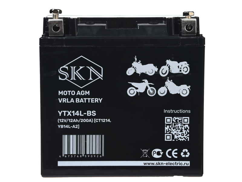 Аккумулятор стартерный для мототехники SKN YTX14L-BS (12V/12Ah/200А) [CT1214, YB14L-A2]