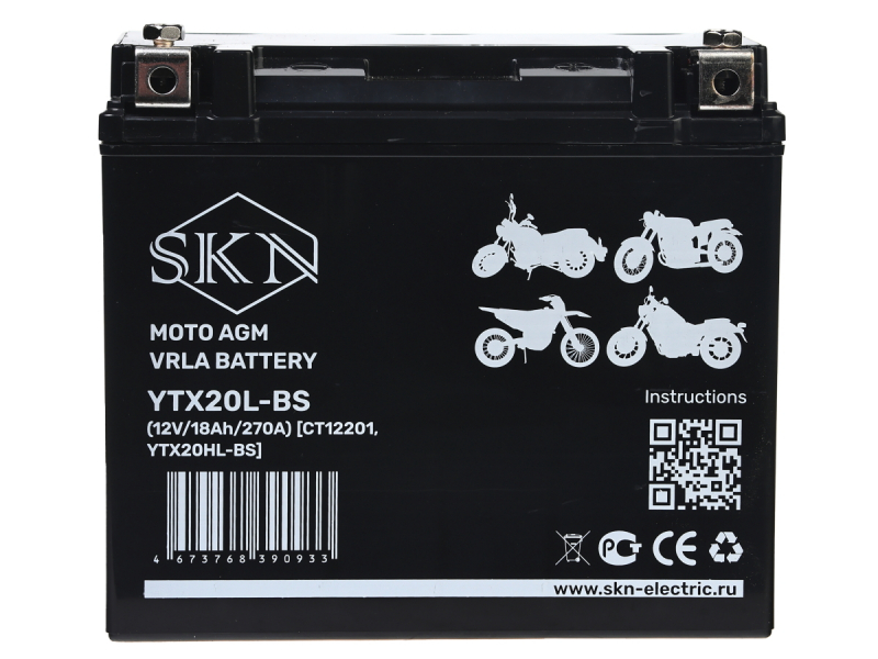 Аккумулятор стартерный для мототехники SKN YTX20L-BS (12V/18Ah/270A) [CT 12201, YTX20HL-BS]