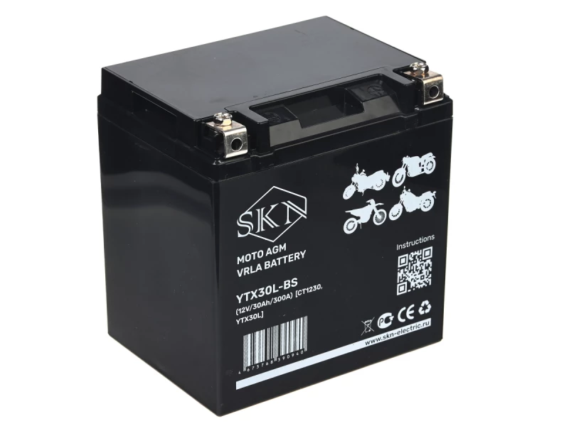 Аккумулятор стартерный для мототехники SKN YTX30L-BS (12V/30Ah/300A) [CT 1230, YTX30L]