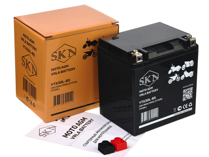 Аккумулятор стартерный для мототехники SKN YTX30L-BS (12V/30Ah/300A) [CT 1230, YTX30L]