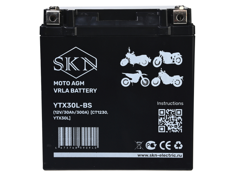 Аккумулятор стартерный для мототехники SKN YTX30L-BS (12V/30Ah/300A) [CT 1230, YTX30L]