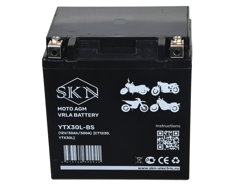 Аккумулятор стартерный для мототехники SKN YTX30L-BS (12V/30Ah/300A) [CT 1230, YTX30L]