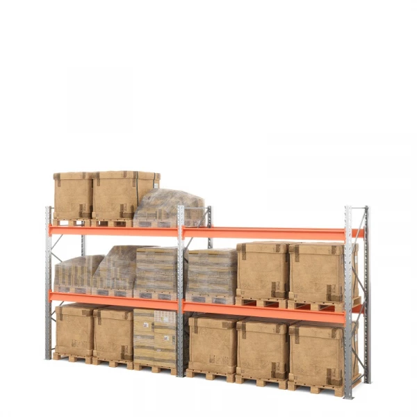 Две секции стеллажа металлического паллетного 2500х2700х1100 мм (70.1.5). Ярусы: пол+2
