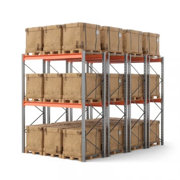 Стеллаж двойной глубины 3500х2700х1100 мм. Уровни хранения: пол+2 (3000 кг на ярус)